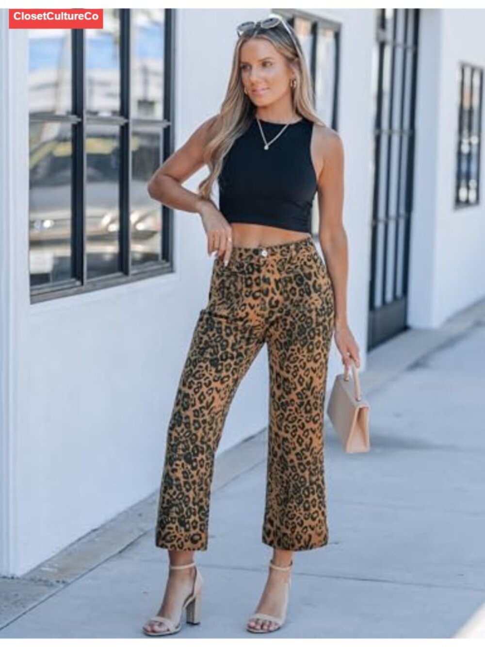 Wide Leg High Waisted Leopard Print Cropped Jeans with Patch Pockets - Picture 3 of 6